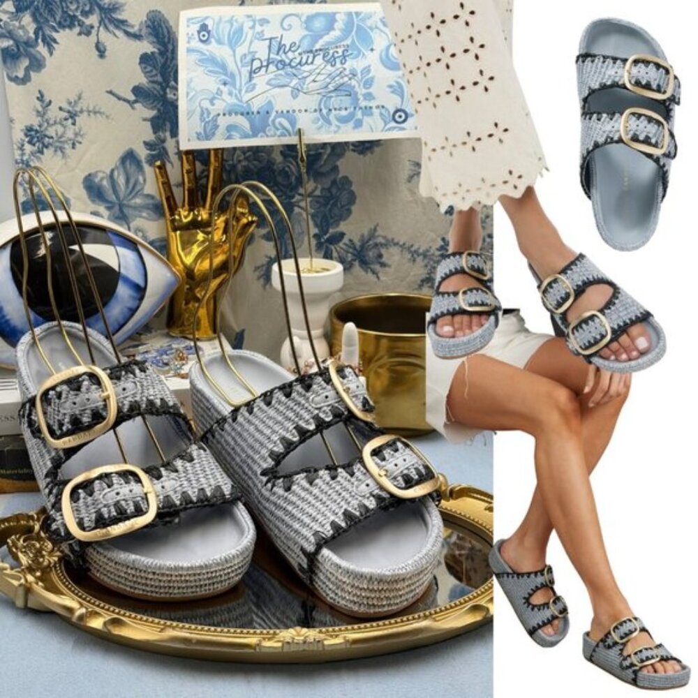 🆕 LOEFFLER RANDALL 🧿 NWOB Theo Embroidered Raffia Platform Sandal, Blue Sz 7.5